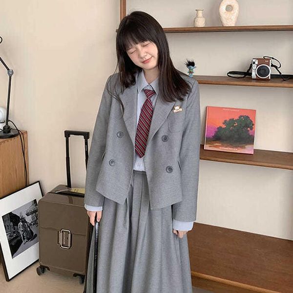 

two piece dress 2021 women sweet skirt suits sets autumn 2 jacket work suit pleated korean preppy style pink grey blazer set, White