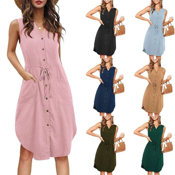 

summer casual women's sleeveless v-neck button lace up pocket dress, Black;gray