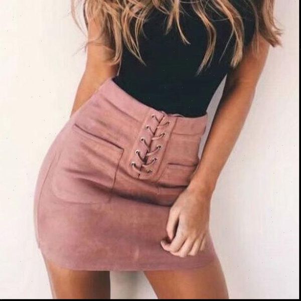 

lace up suede skirts short casual women pocket back zipper skirts streetwear high waist tube bodycon mini skirts femme, Black