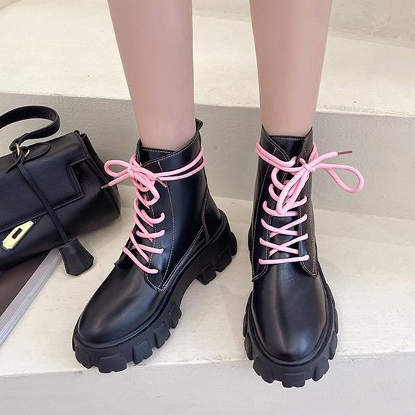 

boots rimocy chunky platform ankle women pink lace-up thick bottom motorcycle woman 2021 autumn pu leather botas for mujer, Black