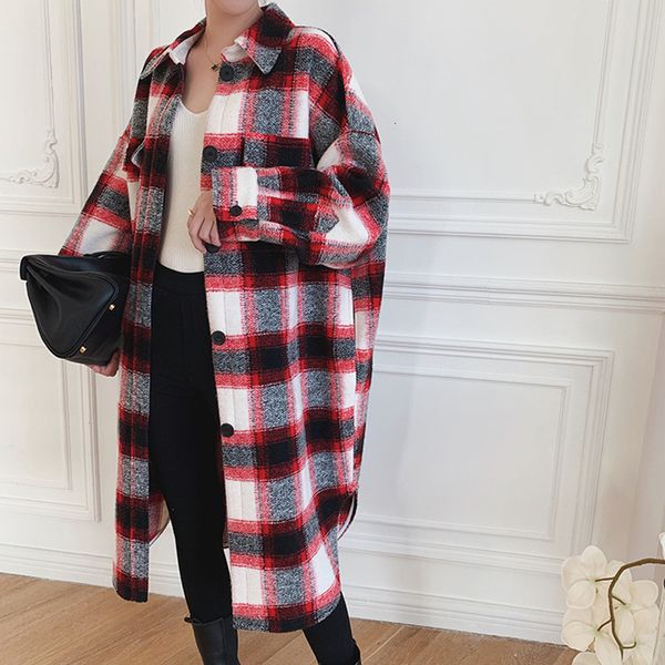 

2021 new duas cores xadrez longo casaco de l manga longa casual outono inverno feminino gc28, Black