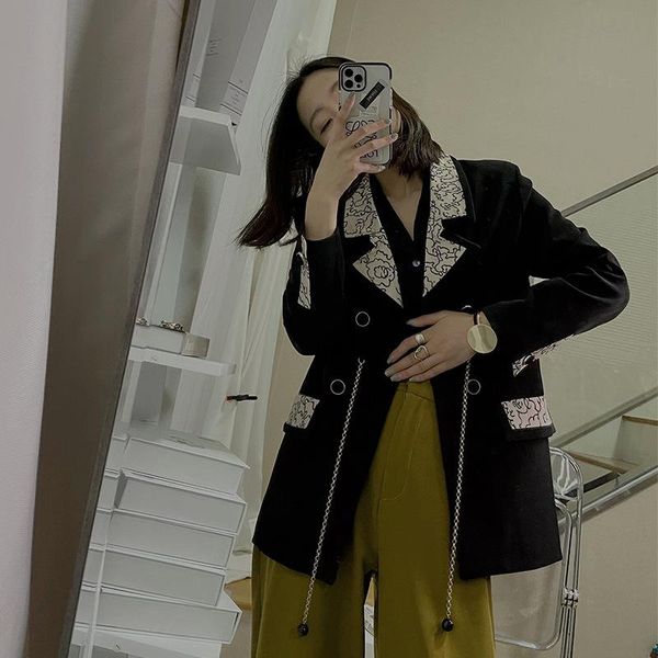 

women's suits & blazers [ewq] 2021 spring female elegante office lady notched collar long-sleeved double breasted black print chain bla, White;black