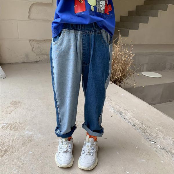 

jeans boys and girls autumn korean colorblock elastic waist toddler casual denim pants kids chlidren clothing, Blue