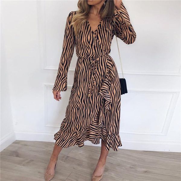 

casual dresses 2021 irregular dress zebra print maxi for women bohemian long sleeve v neck ruffle party dress, waist, Black;gray