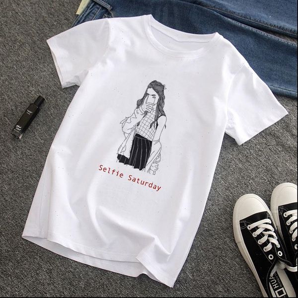 

summer women fashion womens t shirts short sleeved harajuku selfie saturday printed female o collar casual, White