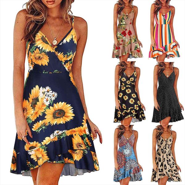 

summer v neck floral women dress print strap casual swing with ruffle, Black;gray