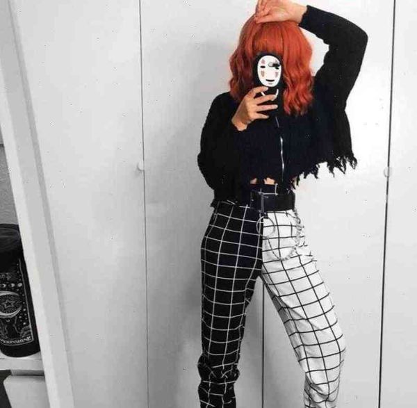 

streetwear women capri cool girls black and white checkerboard patchwork trousers cargo pants hight waist straight loose long, Black;white