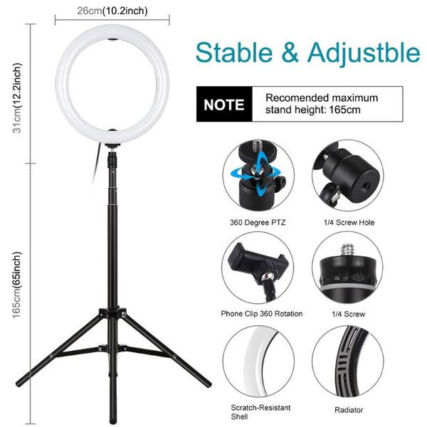 

compact mirrors 26cm two-color temperature led ring fill light for makeup video 10.2 inch dimmable with phone clamp#0529