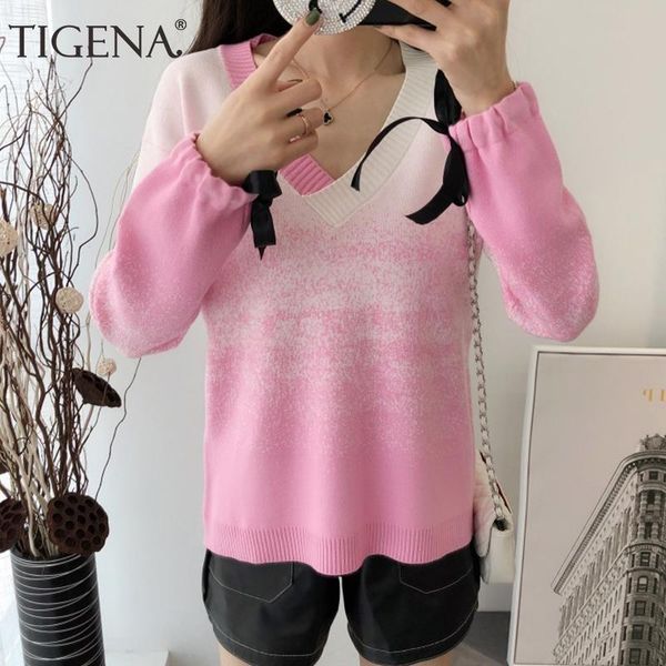 

women's sweaters tigena gradient autumn winter pullover sweater women jumper 2021 pink red yellow loose v-neck knitted female ladies, White;black