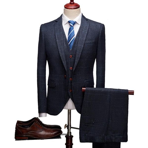 

men's suits & blazers man 2021 slim fit men 3 piece set plaid stylish wedding business casual formal wear dress jacket pants vest, White;black