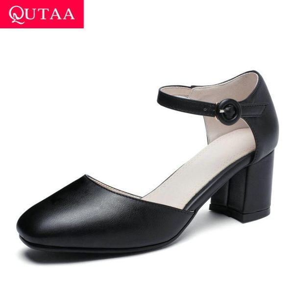 

dress shoes qutaa 2021 square high heel fashion buckle women soft pu leather pumps round toe casual single big size 34-43, Black