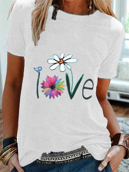 

women summer tshirts love printed daisy short sleeve o neck casual loose designer woman tees, White