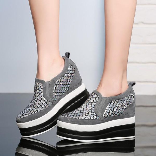 

dress shoes suede high heels women casual platform sneakers wedges height increasing slip on female footwear, Black