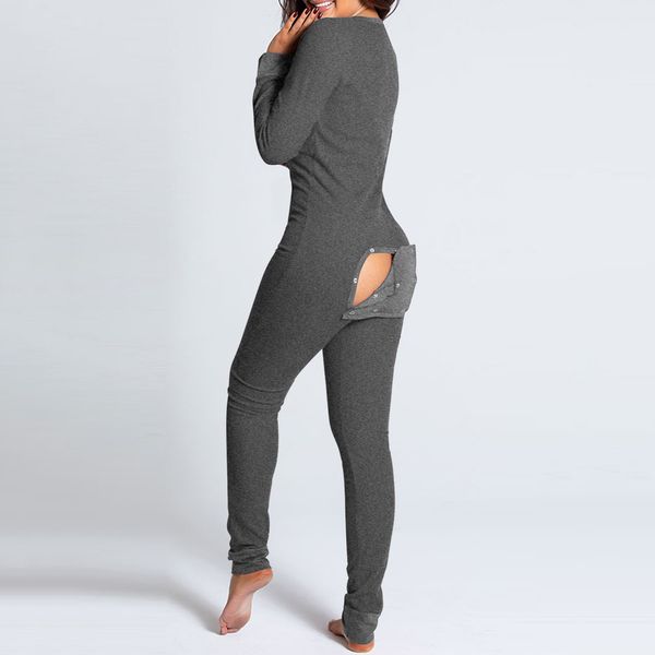 

women v-neck onesies pajamas adults sleepwear jumpsuit pyjama femme pijamas button-down front functional buttoned flap, Gray