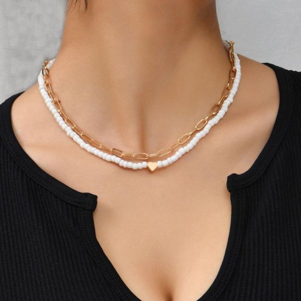 

chains fashion women's necklace with multi-layer love rice bead creative hollow personality chain wholesale, Silver