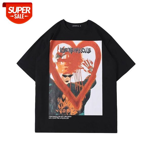 

seveyfan 2021 summer men's hip hop t-shirts fashion heart graffiti tees short sleeve cotton for male #fi30, White;black