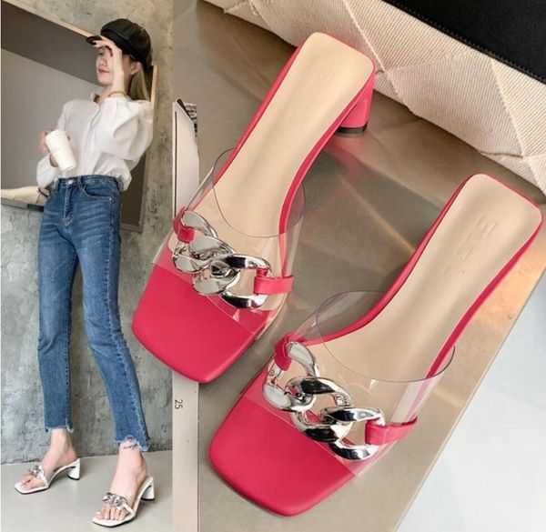 

slippers 2121 brand design women slipper fashion big gold chain sandals shoes round toe slip on mules flat heel casual slides flip, Black