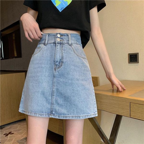

skirts summer 2021 denim short skirt female a-line high waist slimming all-match bag hip cowboy harajuku, Black