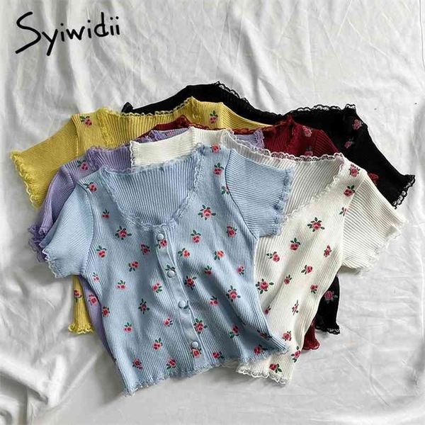 Syiwidii Y2k Strickjacke Crop Top Pullover Frau Spitze Blumendruck Sommer abgeschnittene Tanks Buntes T-Shirt Weiß Rot Blau 210812