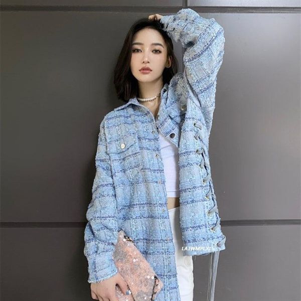 

women's jackets tweed jacket women light blue plaid coat spring autumn korean chic ladies streetwear loose elegant female outwear, Black;brown