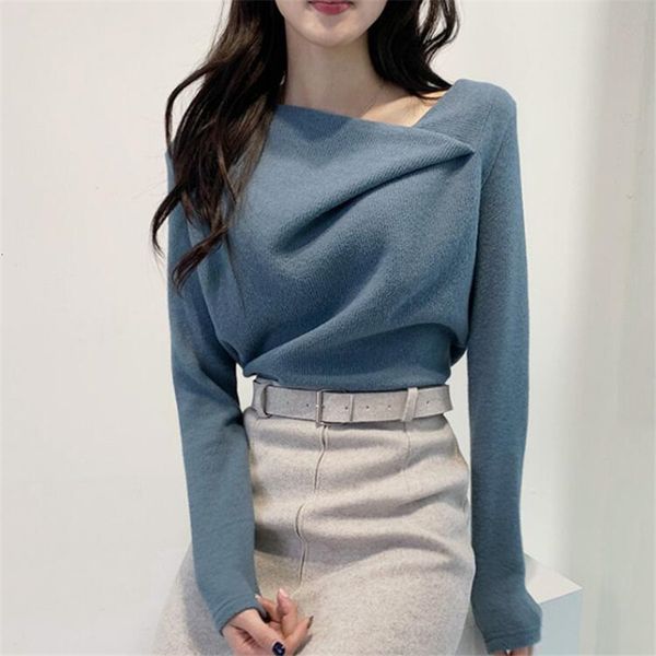 

2021 elegant women skew collar irregular knitted sweater chic autumn winter femme pullovers solid color simple dqqy, White;black