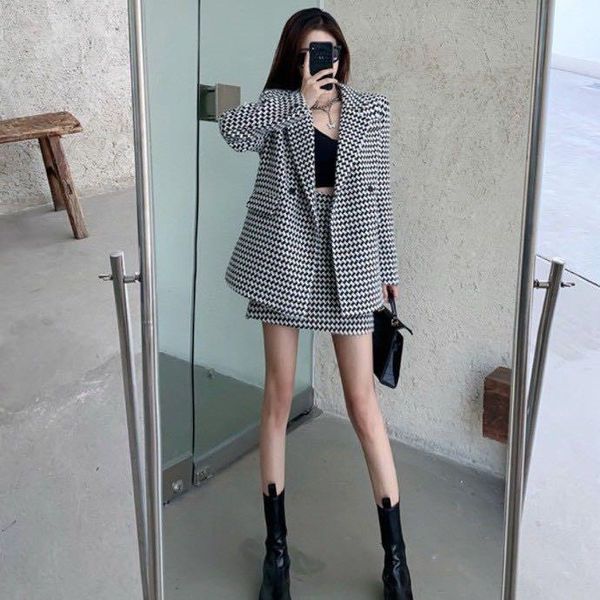 

women's two piece pants 2021 houndstooth suit jacket half skirt, White