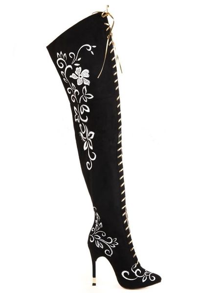 

boots classical floral embroidery suede high heel thigh metallic pointed toe gold crossed tied front zipper over knee, Black