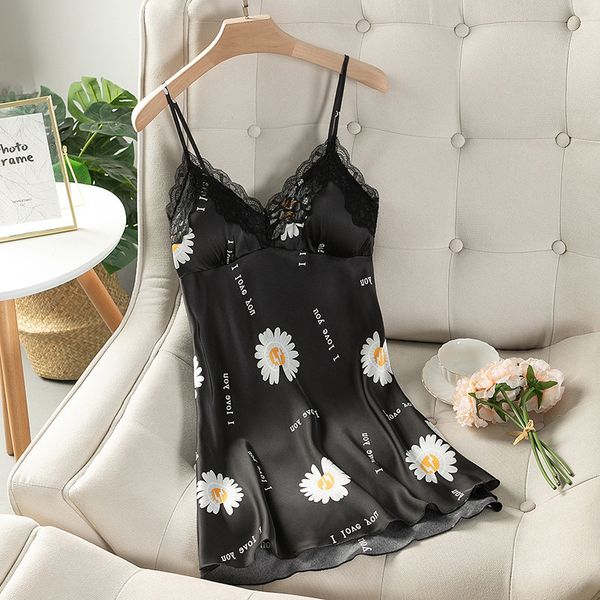 

black nightgown women summer satin suspender nightdress v-neck mini lace bathrobe gown home dress print flower sleepwear, Black;red