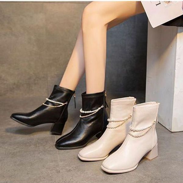 

boots autumn and winter fashion zip string bead concise breathable all-match square heel med (3cm-5cm) high quality, Black