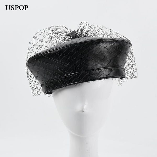 

berets uspop 2021 women mesh yarn black pu, Blue;gray