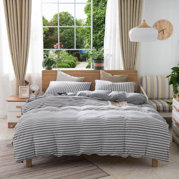 

bedding sets 100% knitted cotton  king twin size boys duvet cover set blue grey stripes ultra soft bed sheet pillow shams