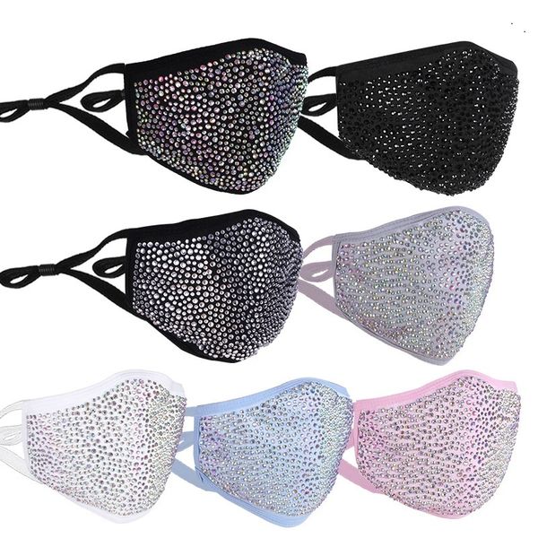 DHL Fashion Antipolvere Maschera per il viso Protettiva per feste Bling Diamond Bocca Lavabile Riutilizzabile Strass Sexy Holloween per le donne Maschere per travestimento in tessuto glitter lucido