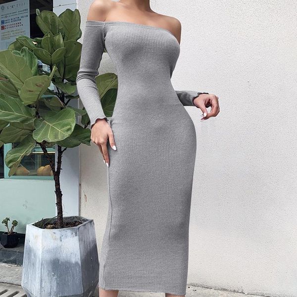 

women's sweaters women autumn solid ribbed maxi knitted dress v neck slim elastic basic long bodycon winter off shoulder dresses, White;black