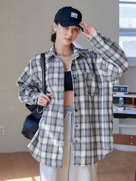 

dazy plaid print drop shoulder oversized blouse d6kl#, White