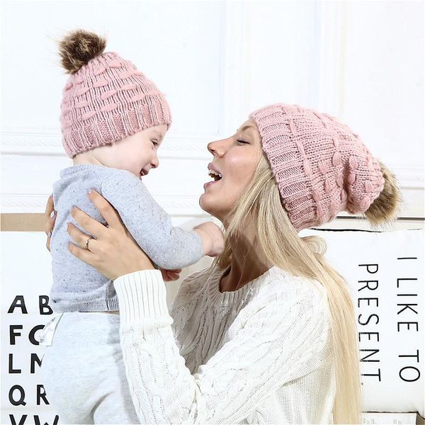 

caps & hats 1/2pcs winter parent-child mom dad women man toddle kids baby boy girl knit warm soft beanie hat hairball cap, Yellow