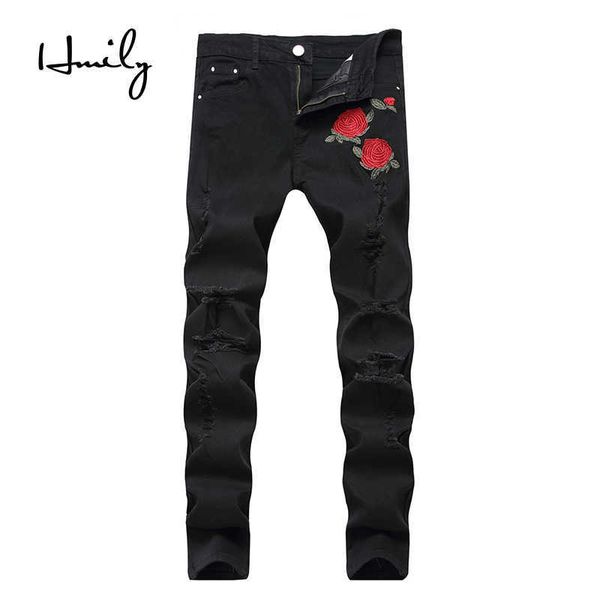 HMILY Novo Designer Jeans Masculino Tamanho Grande 28-42 Luxo Rosa Bordado Jeans Slim Fit Jeans Impresso Calças Biker Denim X0621