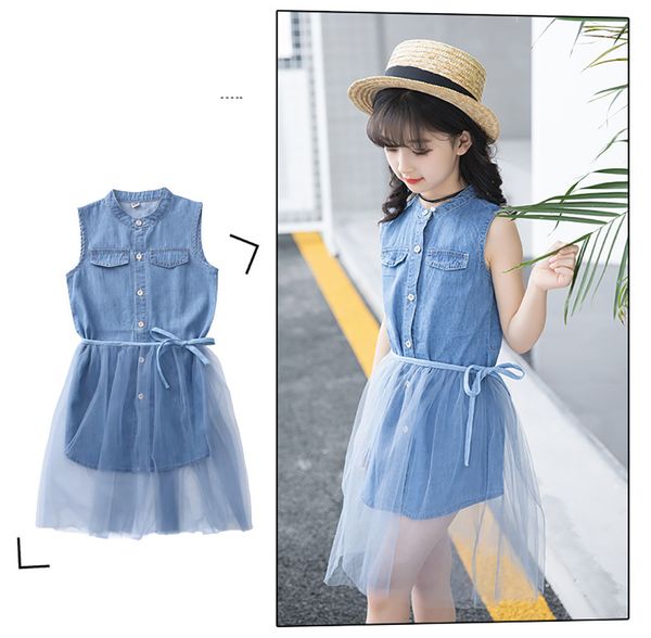 

childrens clothing for girls party denim princess dress 2021 summer 2pcs/set dress sleeveless jean mesh skirt age 3-10t, Red;yellow
