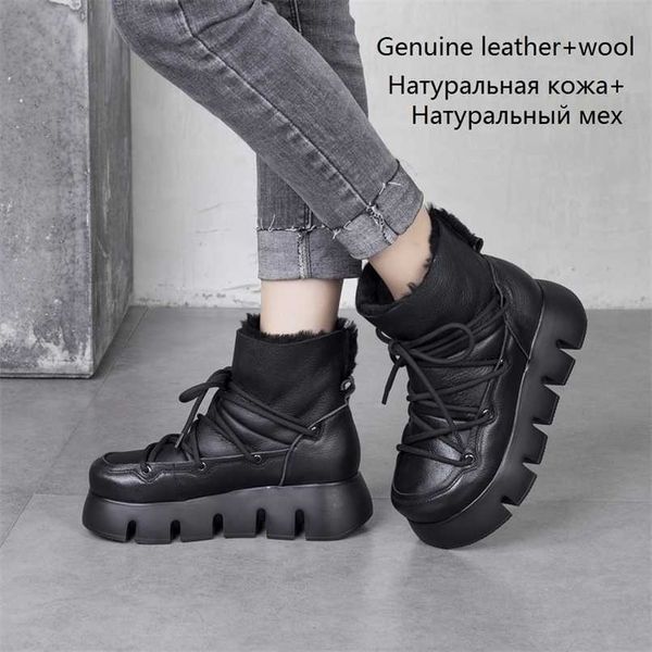 

fashion women wool ankle snow boots winter genuine leather platform shoes casual fluffy ladies moon wedges black 211213
