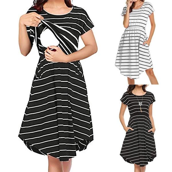 

maternity dresses breastfeeding women short sleeve striped fashion casual summer breathable mothers nursing dress s-3xl, White