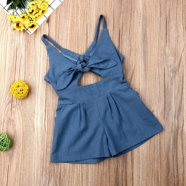 

1 6years kids baby girl solid one piece romper backless jumpsuit outfit summer clothes, Blue