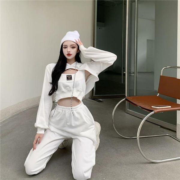 

women's two piece pants women tracksuit 2 set spring autumn winter hoodies crop fashion hip hop punk gothic chic sport clothes female, White