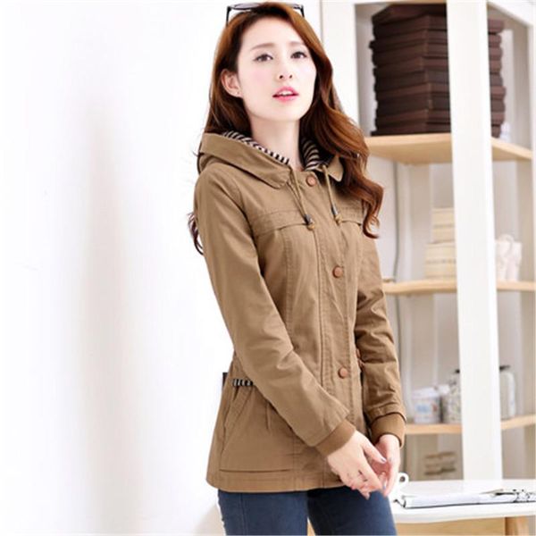 

women's trench coats 2021 spring autumn women outerwear long sleeve hooded windbreaker slim big size casual female basic coat n639, Tan;black