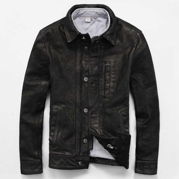 

men's leather & faux simple genuine jackwt slim lapel autumn jacket sheep casual short coat, Black