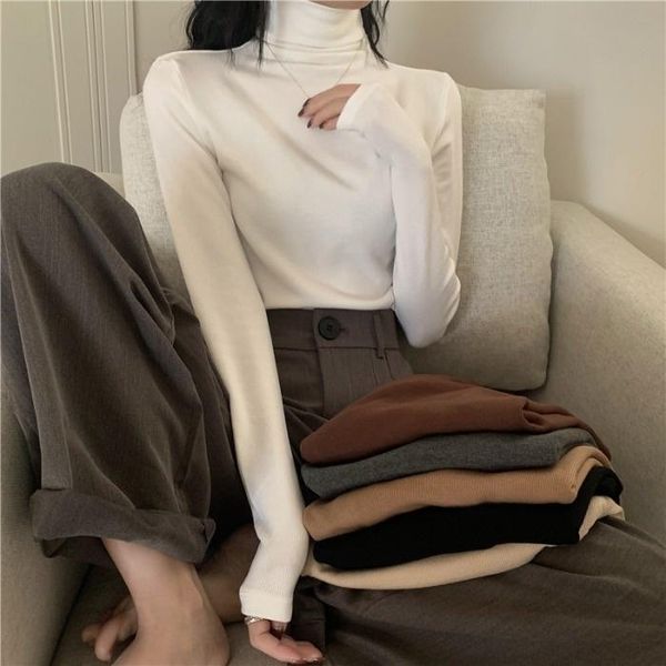 

women's sweaters fall 2021 style white long sleeve turtleneck pullover t-shirt inner match slimming lazy chic graceful and fashionable, White;black