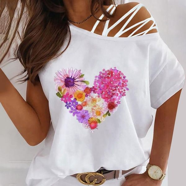 

women's t-shirt women flower love print strapless summer o-neck short sleeve tee female clothes for tshirt, White