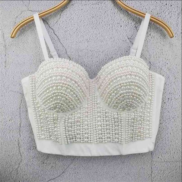 

women fashion pearl beads camisole sleeveless bustier clothing push up night club bralette crop l542 210527, Black;gray
