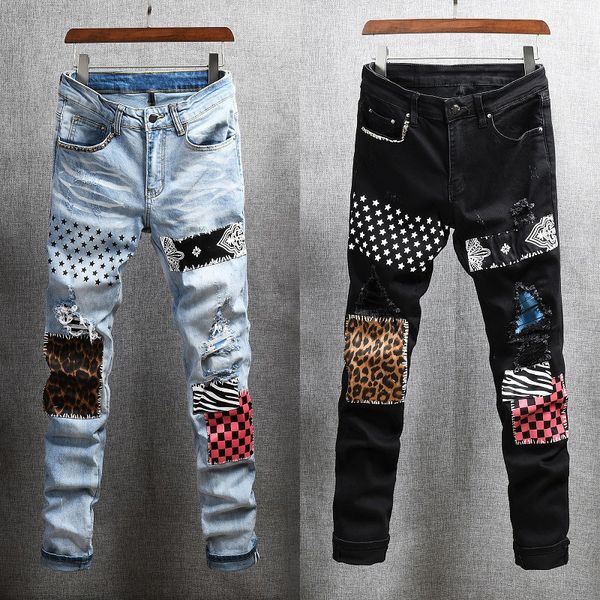 

2021 new fashion streetwear men jeans patches designer printed ripped denim punk pants elastic slim fit hip hop trousers dlea, Blue