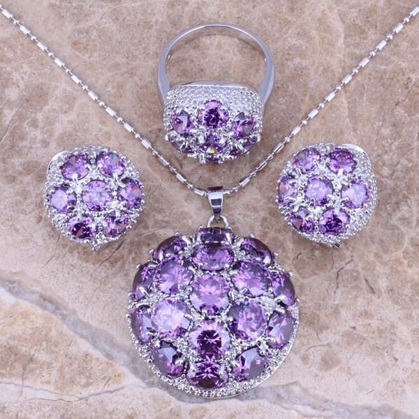 

gallant purple cubic zirconia silver plated jewelry sets earrings pendant ring size 5.5 / 6 / 7 8 9 10 s0022