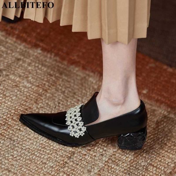 

allbitefo string bead design fashion natural genuine leather high heels women pumps pointed toe high heel shoes women heels 210611, Black