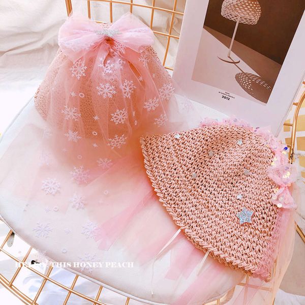 

hd31811 pink. straw princess net bow snowflake girl's wedding dress fisherman's basin hat christmas, Yellow